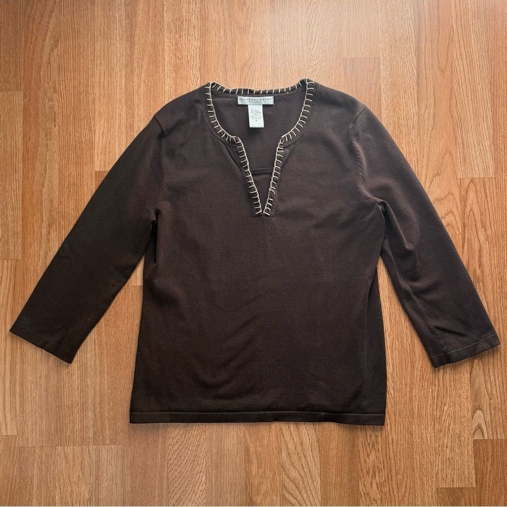 Vintage Y2K Fairycore Pixiecore Whimsical Knit Stitched V-Neck Brown Top Medium